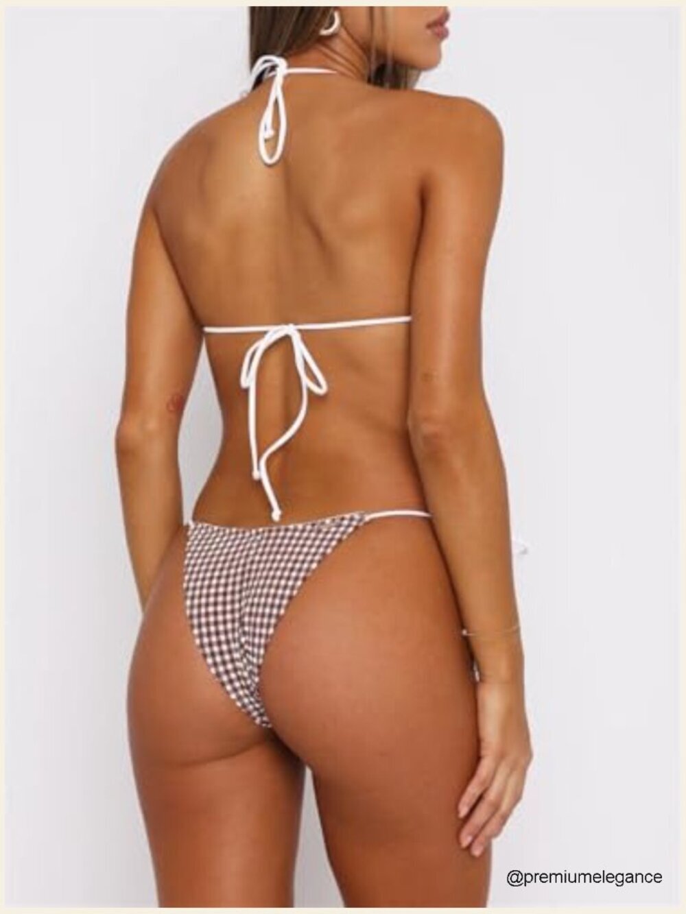 Gingham Plaid Halter Triangle Tie Side Cheeky Thong Bikini Set 2 Piece Bathing - Picture 2 of 7